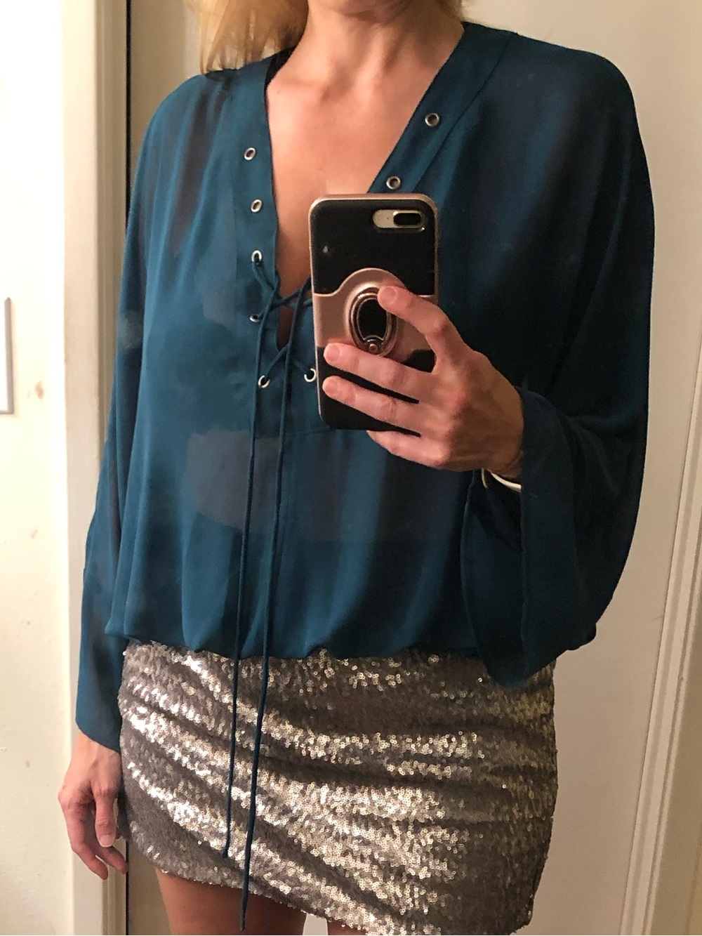 Express Women’s Teal Lace-Up V-Neck Sheer Blouse